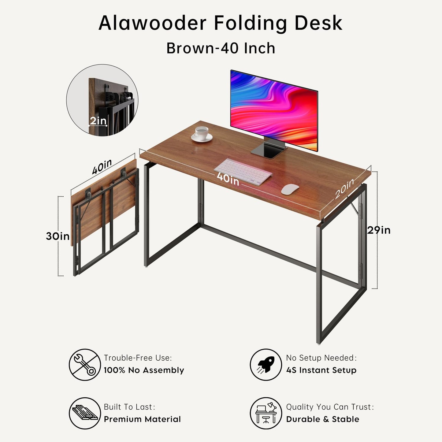 alawooder Folding Desk - 39.4” Wood Top Foldable Desk for Small Spaces | No Assembly Required Compact Desk for Home Office, Writing, and Study