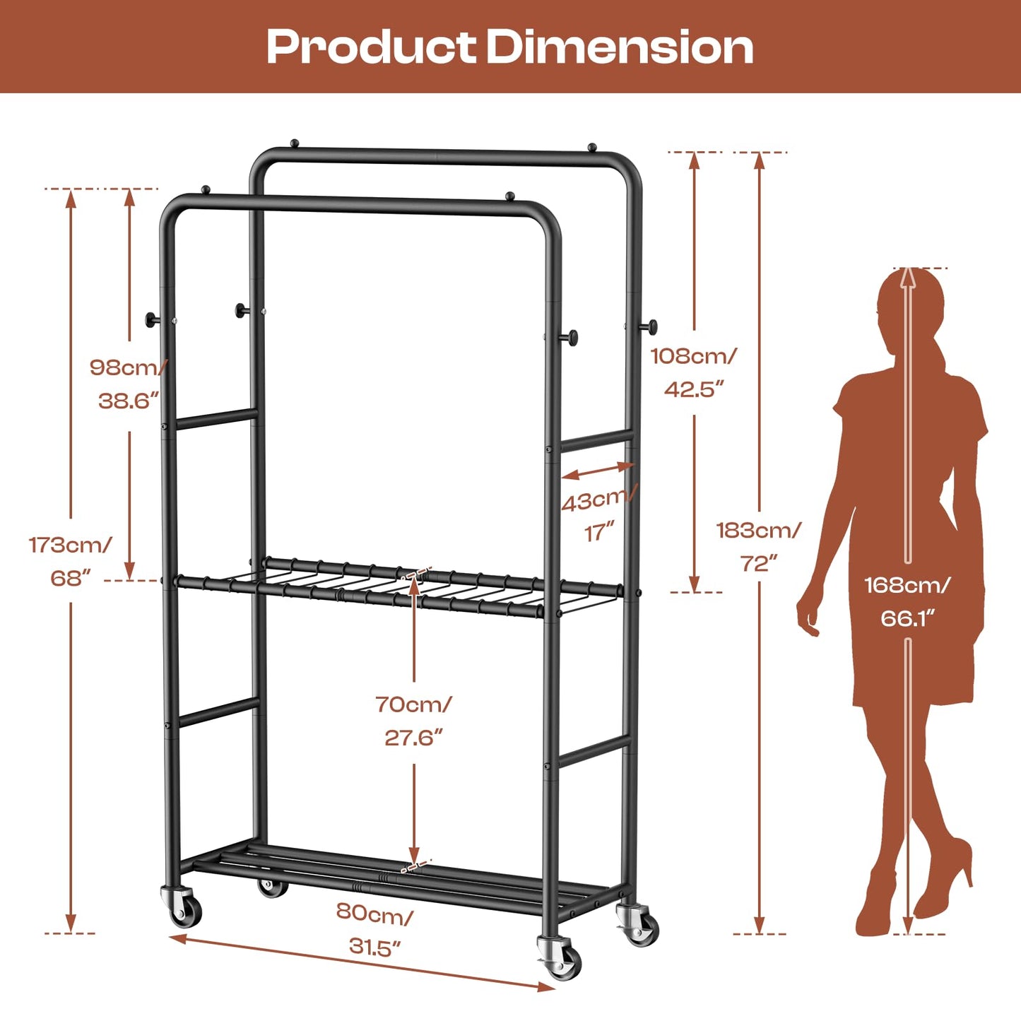 ZHKINGGS Clothes Rack - 4-Bar Double Rod Clothing Rack with 15 Pants Racks - Rolling Clothes Rack with Shelves - Portable Garment Rack for Bedroom Laundry Room Closet - Black