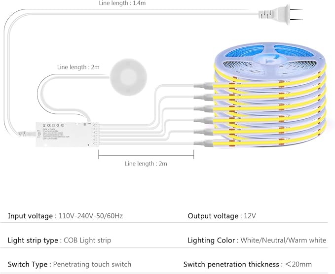 AIMENGTE 12V COB LED Cabinet Lights Strip, 6 x 3.3ft Touch Dimmable 3000K
