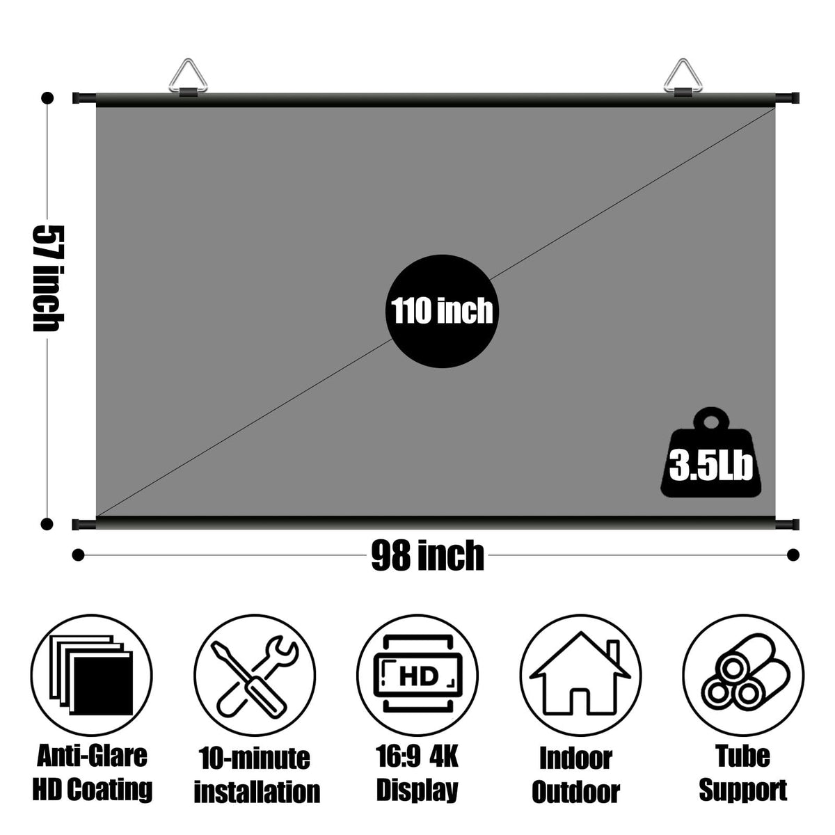 110 inch Projector Screen, XIAOHUI Portable Movie Projector Screen for Outdoor Indoor with 3 pcs Adhesive Hook, 4K Hanging Projection Screen for World Cup Room Wall, Anti-Glare, 16:9 HD