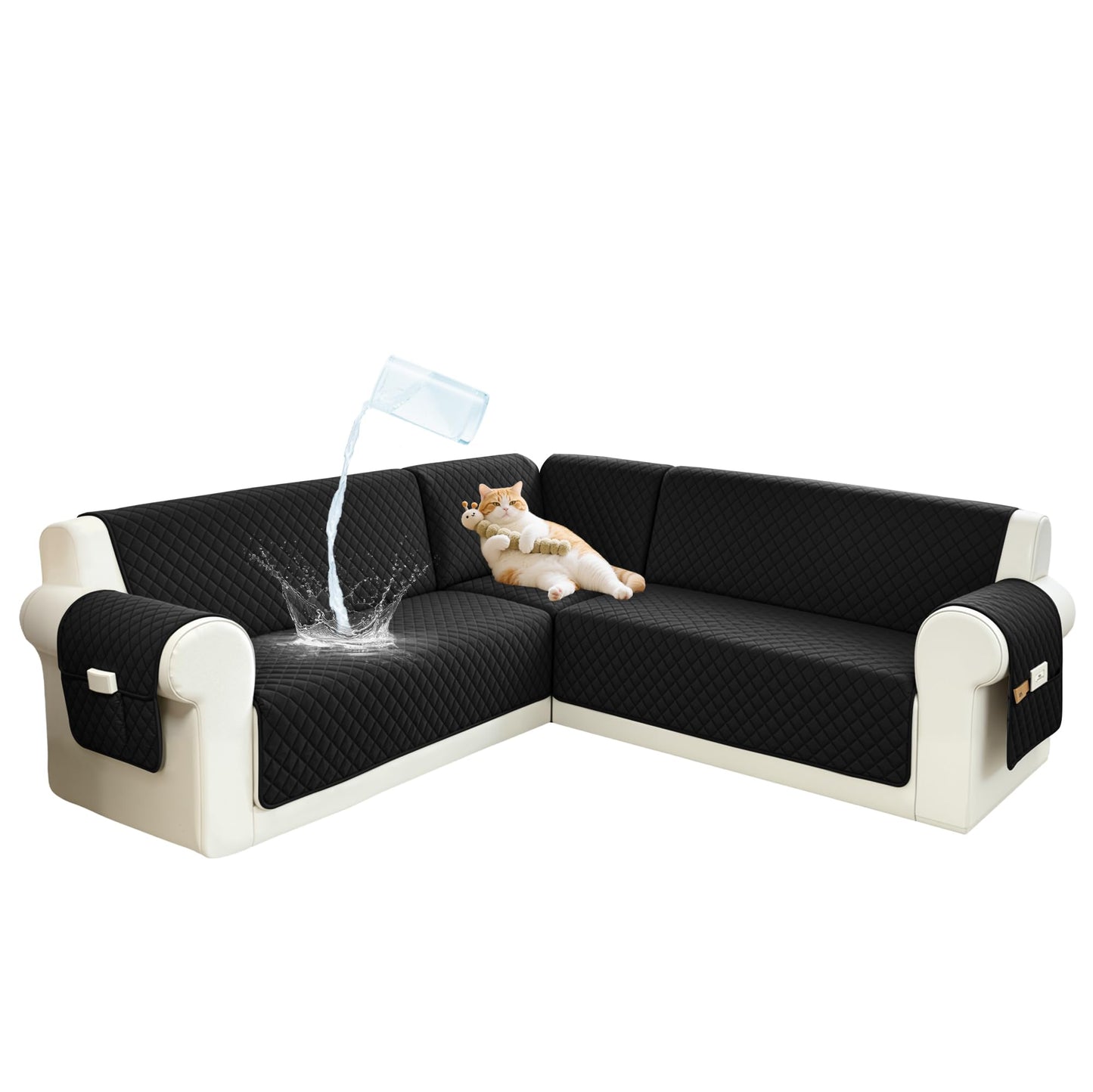 SYJOVIA Sectional Couch Covers for Dogs 100% Waterproof Corner L Shaped Sofa Cover Pet Friendly Velvet Washable Anti Slip L Shape Modular Sofa Slipcover Protector with Pockets (Black, XX-Large)