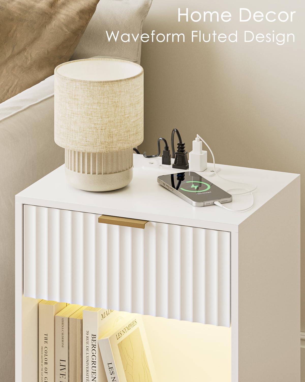 Masupu Fluted Nightstand with Charging Station and LED Lights,Modern Night Stand Wood Bedside Table with Storage Drawer Side End Table for Bedroom, Office,White