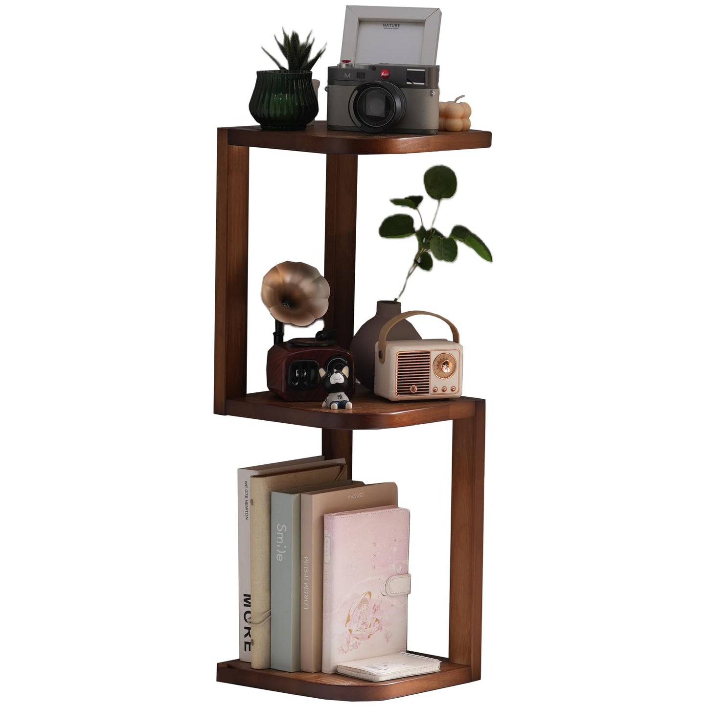 Artibamboo Corner Shelf Stand Desk Organizer,26.8" H Rubberwood Brown Rack for Small Spaces, Bedroom,Home Office,Kitchen,Bathroom (Walnut, 3 Tier)