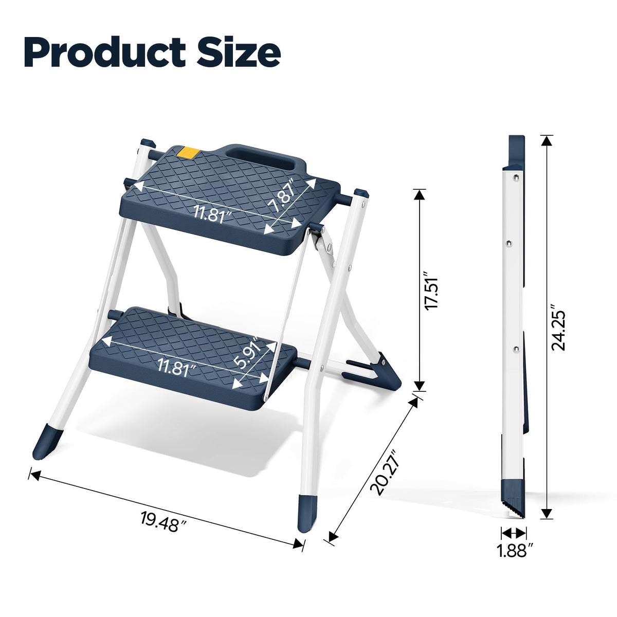 URACKIFY 2 Step Stool Foldable, Step Ladder with Non-Slip Rubber mat, Step Stool with Release Button, Lightweight Steel, Blue, for up to 330LBS.