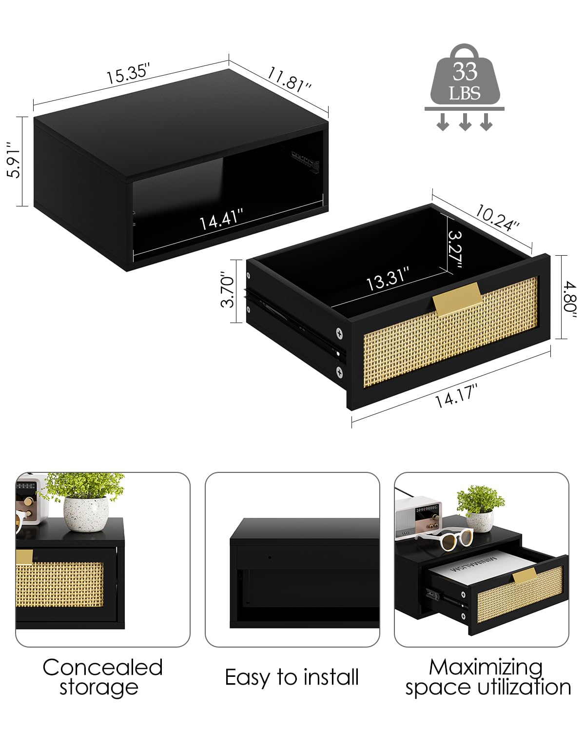 Aienvey Floating Nightstand, Floating Shelf with Drawer, Wall Mounted Nightstand, Floating Bedside Table (Black Rattan)