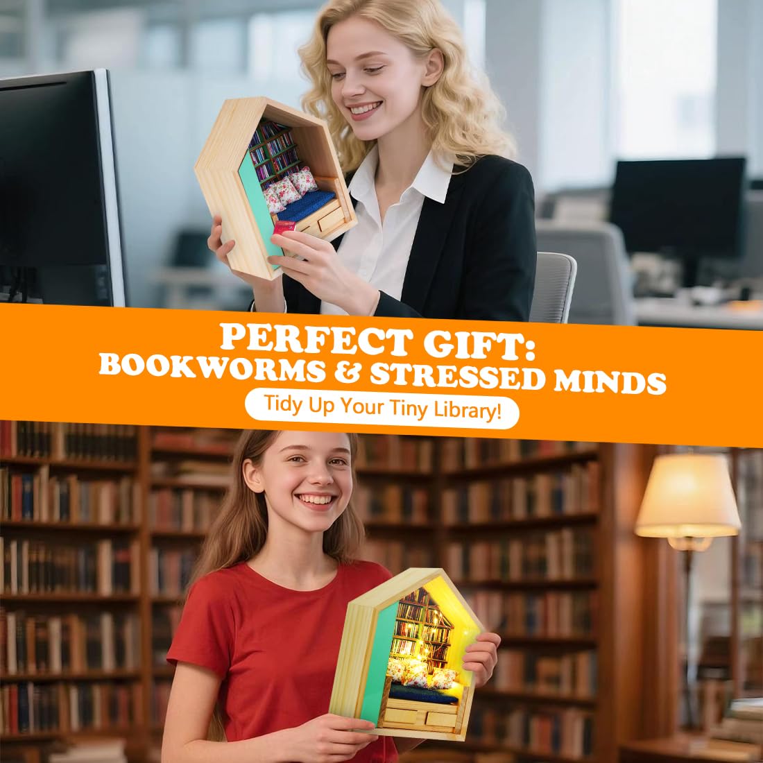 FUYIHGL® Lighted Anxiety Bookshelf with 340 Mini Books - Miniature Book Library Shelf | Coffee Home Office Desk Decor - DIY Tiny Book Nook Kit Organizer - Stress Relief Gifts for Men Women Book Lover