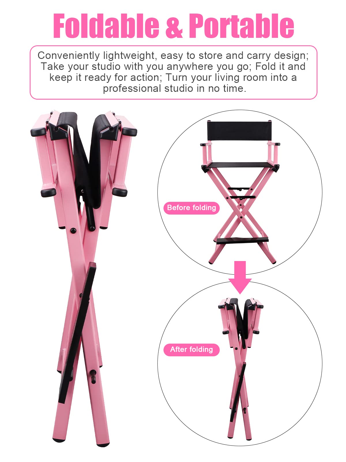 Lorvain Pink Foldable Makeup Artist Stool Chair, Aluminum Makeup Chair with Head Rest for Studio Salon Vanity, Bar Height