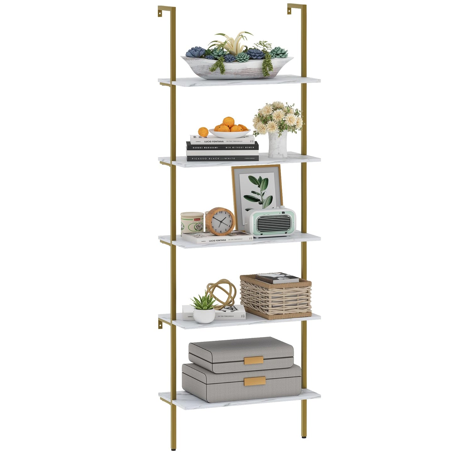 Wolawu 5 Tiers Ladder Shelf White Marble Modern Bookshelf Open Tall Wall Mount Bookcase Standing Leaning Wall Shelves Industrial Decorative