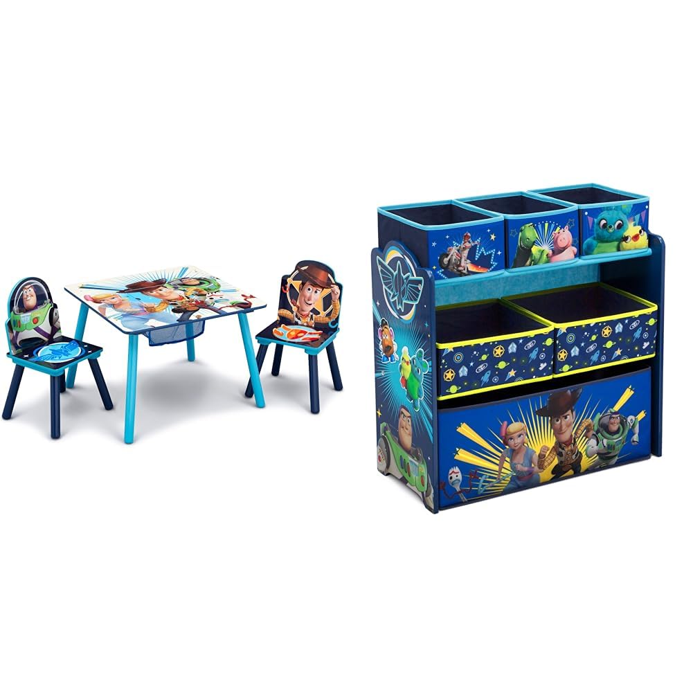 Delta Children Kids Table and Chair Set with Storage (2 Chairs Included) - Ideal for Arts & Crafts, Snack Time & Disney/Pixar Toy Story 4 6 Bin Design and Store Toy Organizer