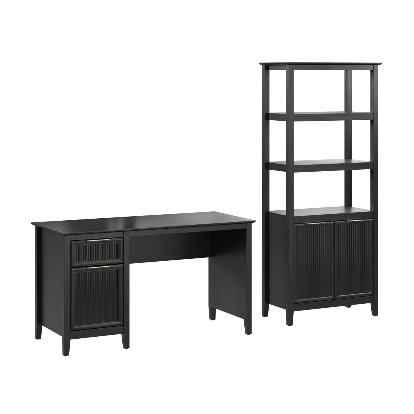 Bush Home 54-inch Office Desk with Storage and 5 Shelf Bookcase with Doors, Home Office Furniture, Camille Collection, Onyx Birch