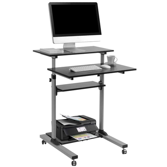 TechOrbits Rolling Desk for Laptop - Standing or Sitting Mobile Computer Cart with Wheels, Adjustable Height & 27.5-inch Surface - Portable Home Office Workstation - Black﻿