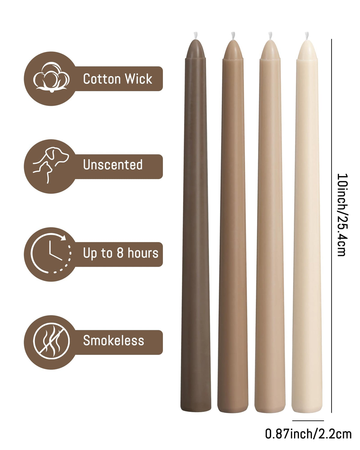 Viyffo 10-Inch Taper Candles, 12-Pack – Smokeless & Unscented Long Burning Taper Candlesticks, Hand-Poured Candles for Home Décor, Weddings & Dinner, Brown