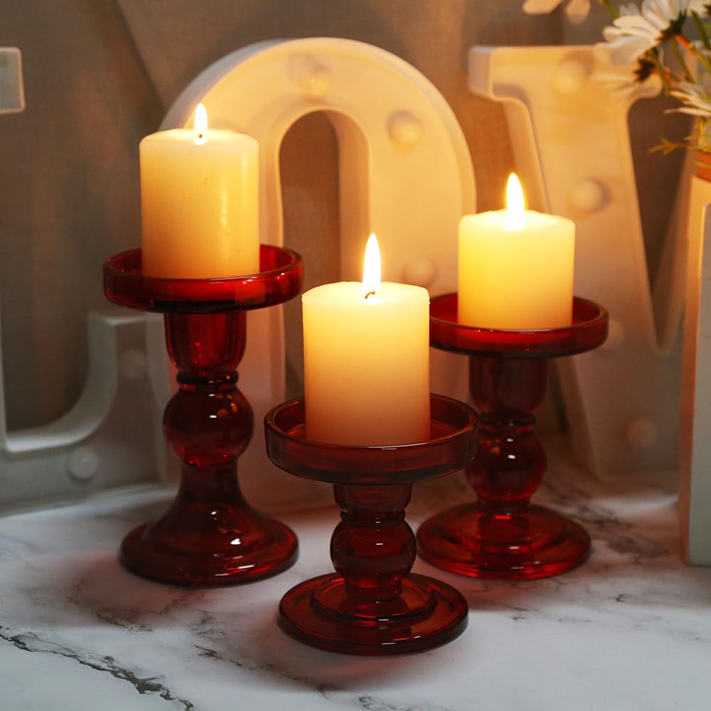 BTGLLAS 3-Piece Set of Red Glass Candlestick, Crystal Candlestick Holder Holder and Conical Candle, Christmas Candle Holder Decoration, Family Living Room Wedding Candle Holder (red1set)