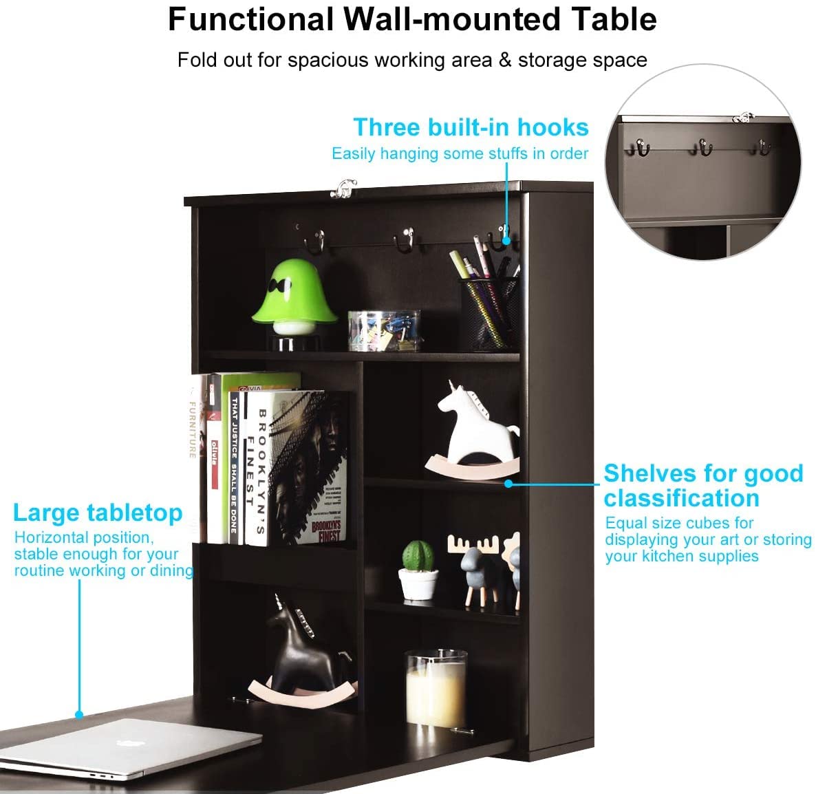 GRAFFY Wall Mounted Folding Desk, Floating Desk with Chalkboard, Multi-Function Wall Mounted Table with Storage Shelves & Hooks, Computer Desk Laptop Workstation Home Office (Brown)