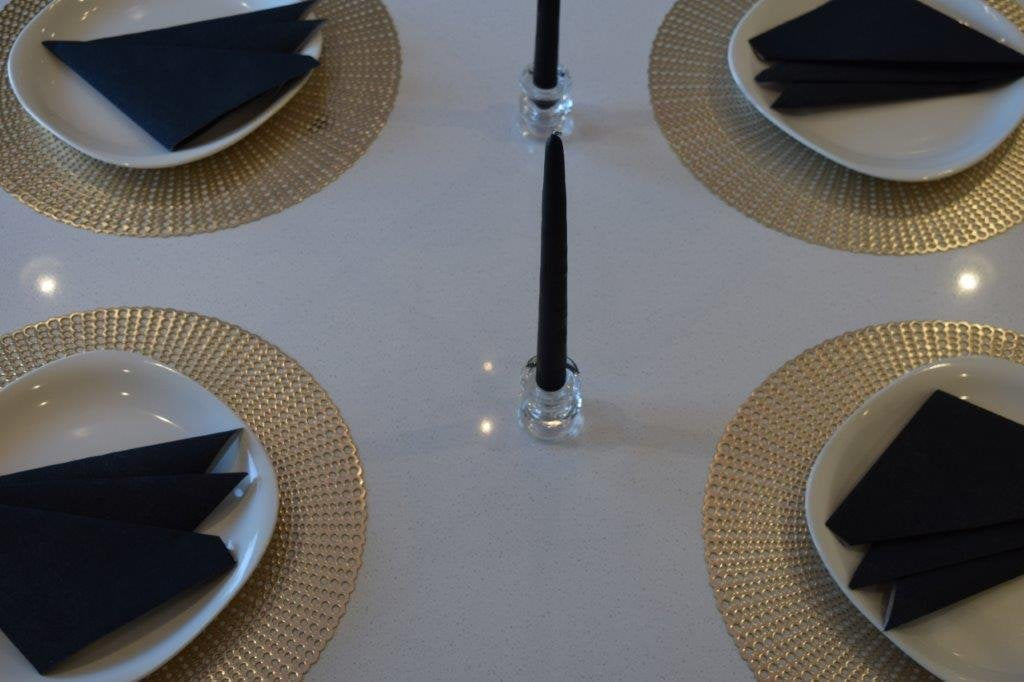 16" Round Placemats (Set of 4), 12 Prefolded 3 ply Napkins, 2 Matching Taper Candles, 2 Glass Candle Holders (Silver)