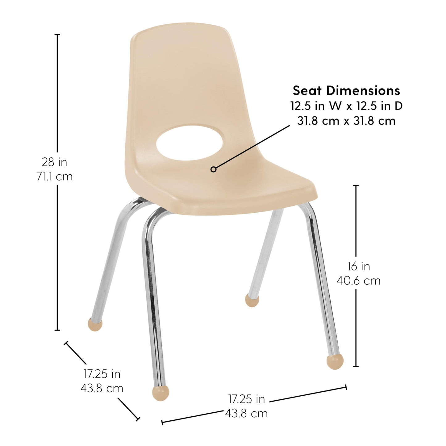 FDP 16" School Stack Chair, Stacking Student Seat with Chromed Steel Legs and Ball Glides for Classroom, Homeschool or Office - Sand (2-Pack), 15413-SD
