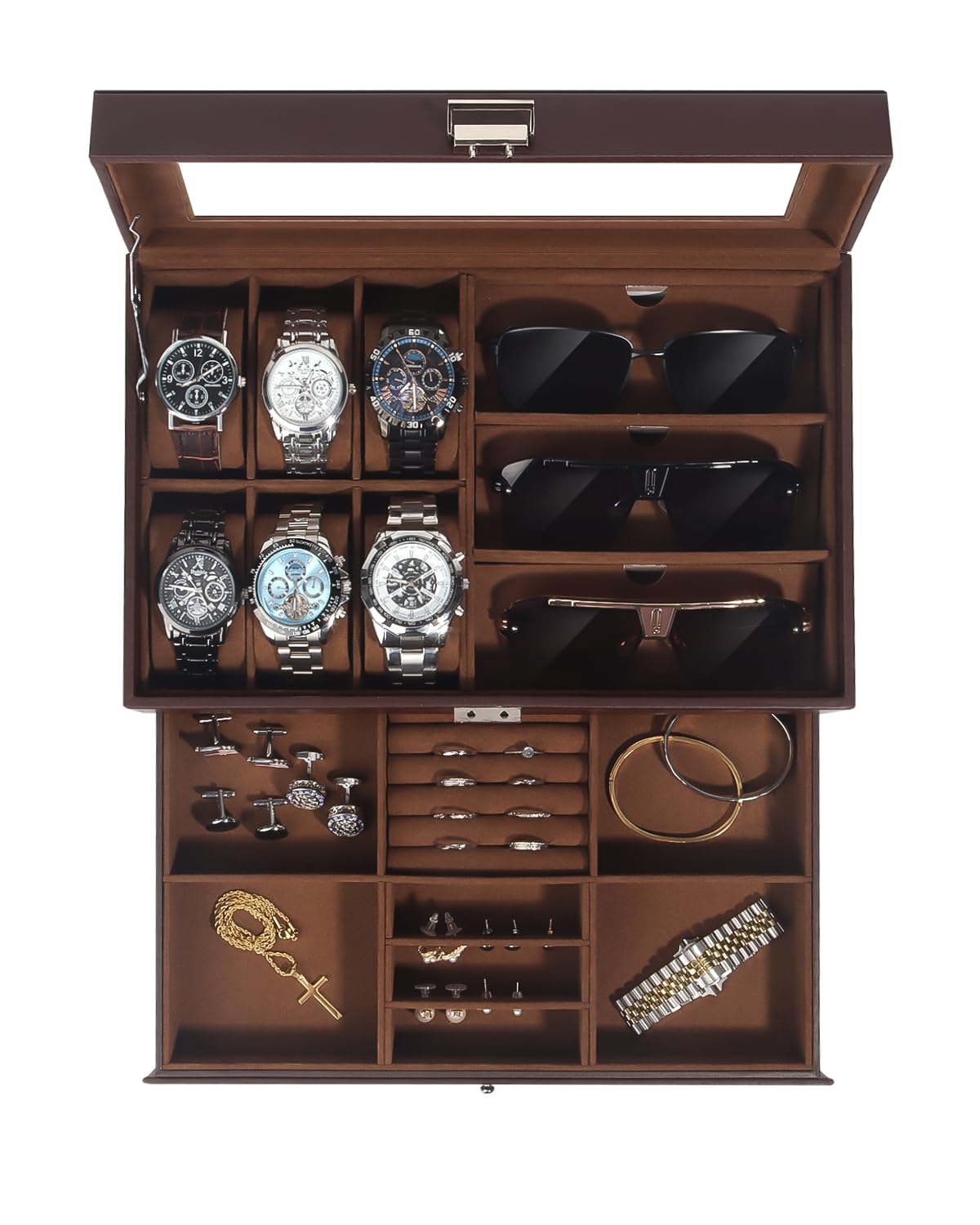 Kukikan Watch Jewelry Box Organizer, 6-Slot 2-Layer Watch Case and Sunglasses Storage with Large Glass Lid, Men's Jewelry Box with Lock, Watch Holder Display Case, Fathers Day Gift for Dad
