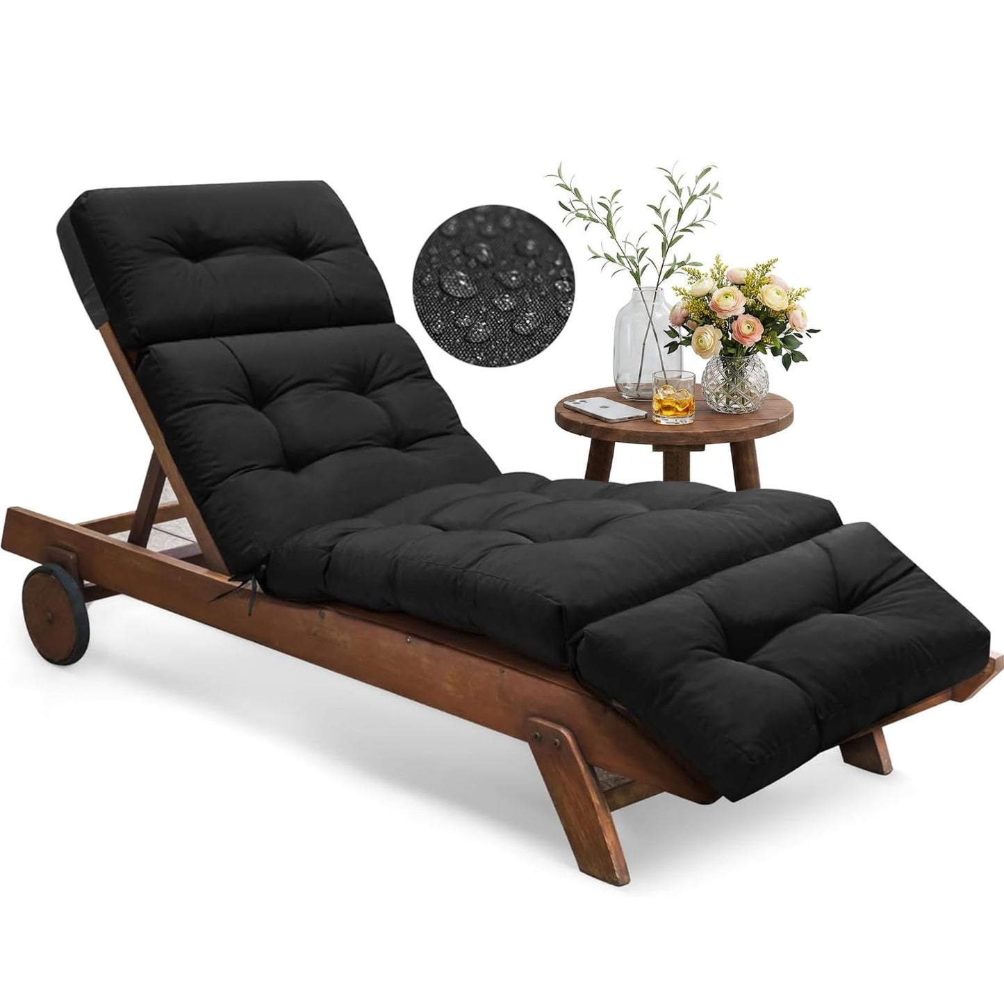 Tycdiose Outdoor Chaise Lounge Chair Cushion Replacement 74.4 x 22 x 4.7 Inches Memory Foam Waterproof Lounge Chair Cushions for Outdoor Furniture with Ties, Thickened Lounge Chair Cushions, Black