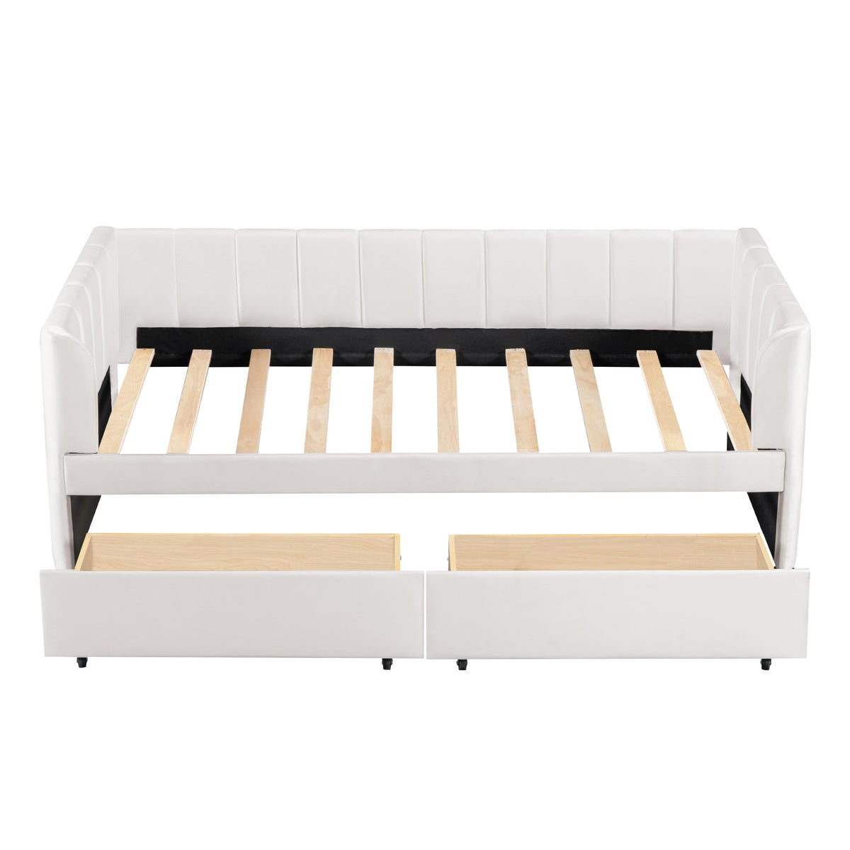 Jintop Twin Size Velvet Daybed with Two Drawers and Stripe Shaped Headboard Design,Upholstered Wooden Storage Bed Frame,w/Ergonomic Design Backrest,for Bedroom,Living Room,Beige