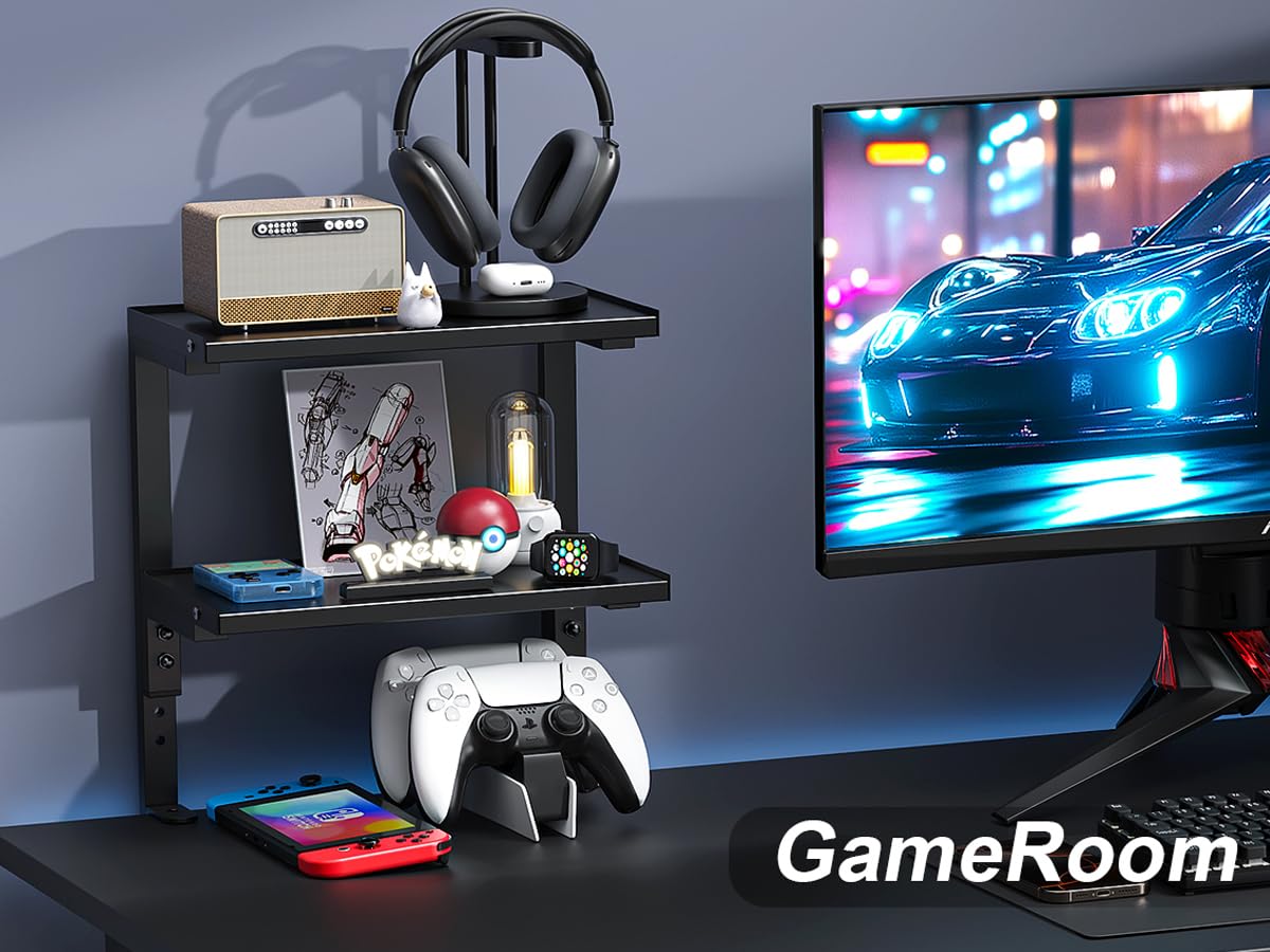 OUTIOE 2-Tier Desk Shelf, Expandable Under Desk Storage, Clamp on Desk Shelf, Desktop Accessories for Offices, Study Rooms, and Game Rooms (Black)