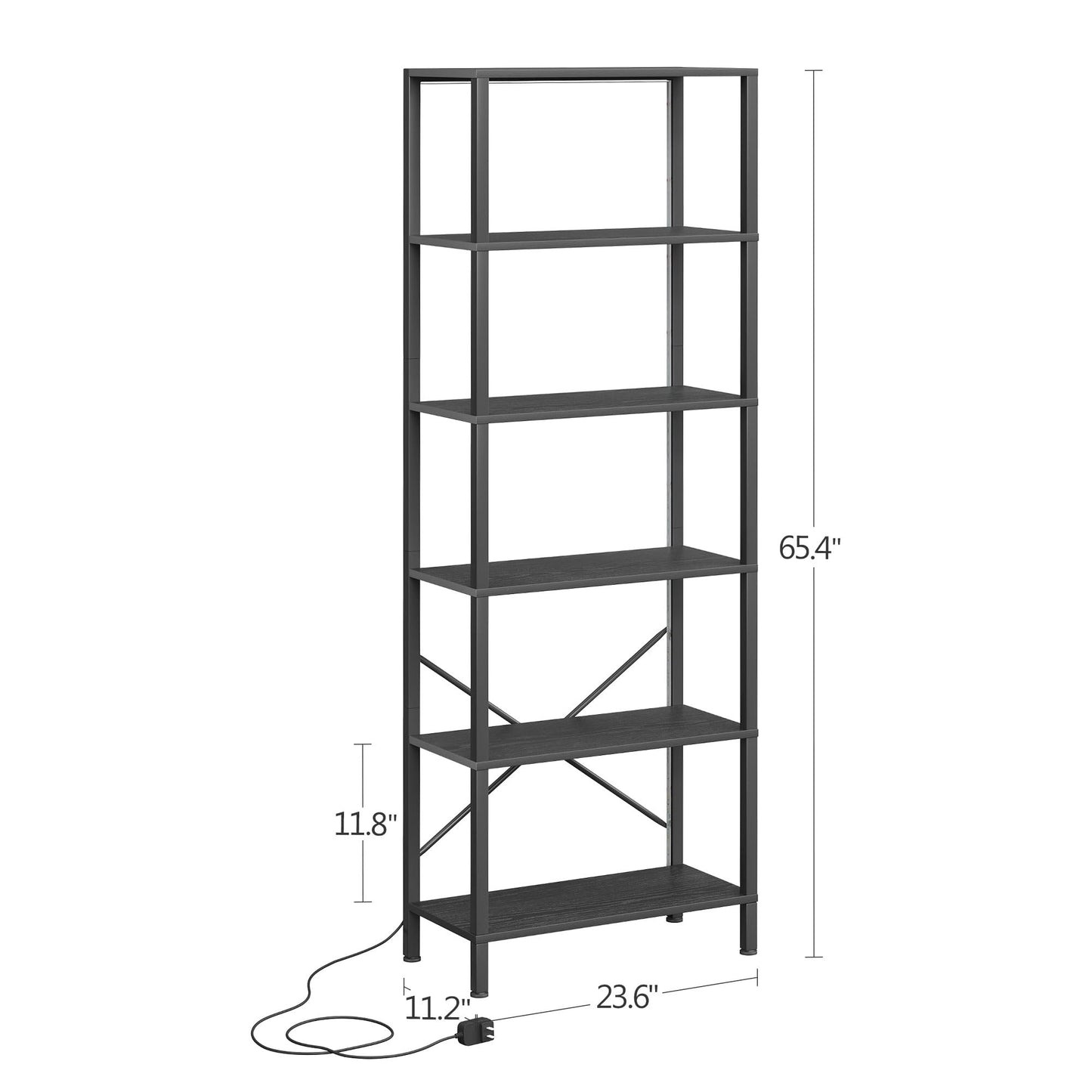 JARHETUN 6-Tier Bookshelf, Tall Bookcase with LED Lights, Book Shelf with Steel Frame, 11.2" x 23.6" x 65.4", Display Storage Shelf for Living Room, Bedroom, Home Office, Study, Black