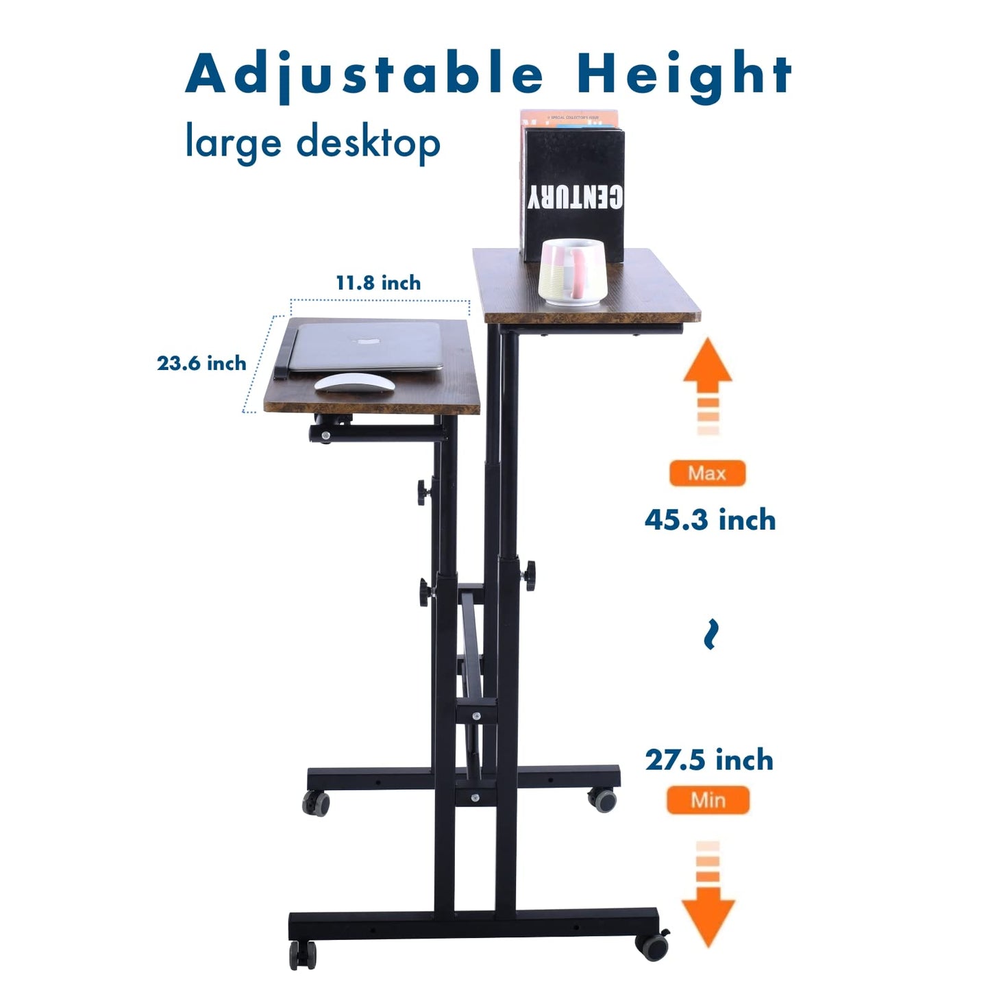 AIZ Mobile Standing Desk, Adjustable Computer Desk Rolling Laptop Cart on Wheels Home Office Computer Workstation, Portable Laptop Stand for Small Spaces Tall Table for Standing or Sitting, by