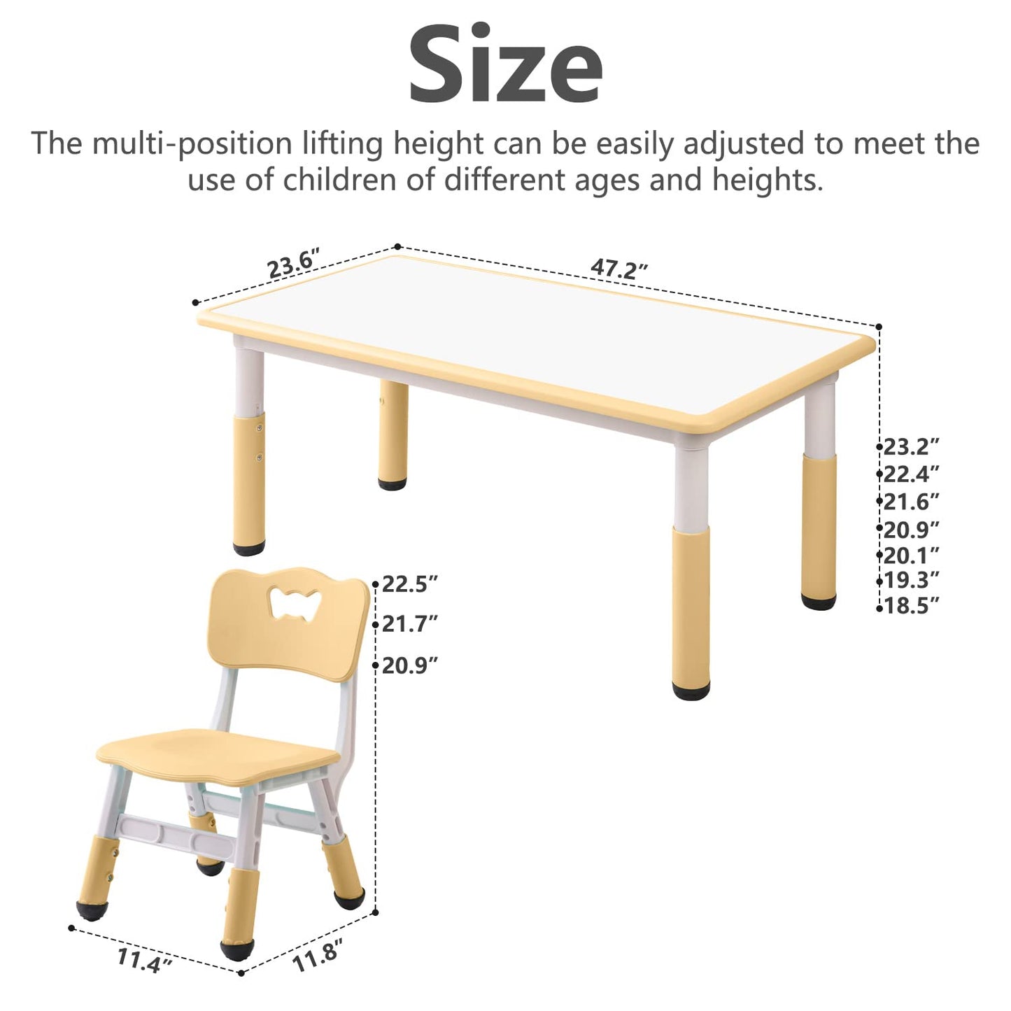 monleelnom Children's Table and Chair Set Suitable for Boys and Girls Age 2-12 Height Adjustable Table top Can be Painted with 6 Seats Suitable for Family Learning Daily use (Wood Color)