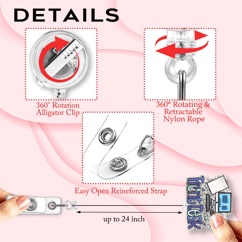 rofiowa Front Desk Funny Glitter Badge Reel Retractable Badge Holder for Receptionist Front Office Crew Staff Customer Service Secretary, Hospitality Worker Patient Registrar ED Registration Gift