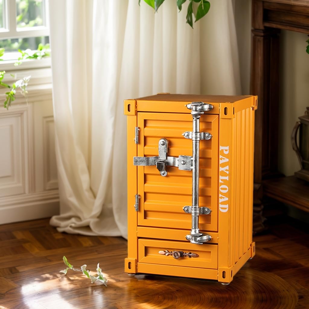 Runeqxar Industrial Shipping Container Nightstand - 20 Inch 3-Tier Iron Bedside Table with Drawer, Handcrafted Rustic Distressed Metal End Table for Bedroom, Bar, Garage (Yellow)