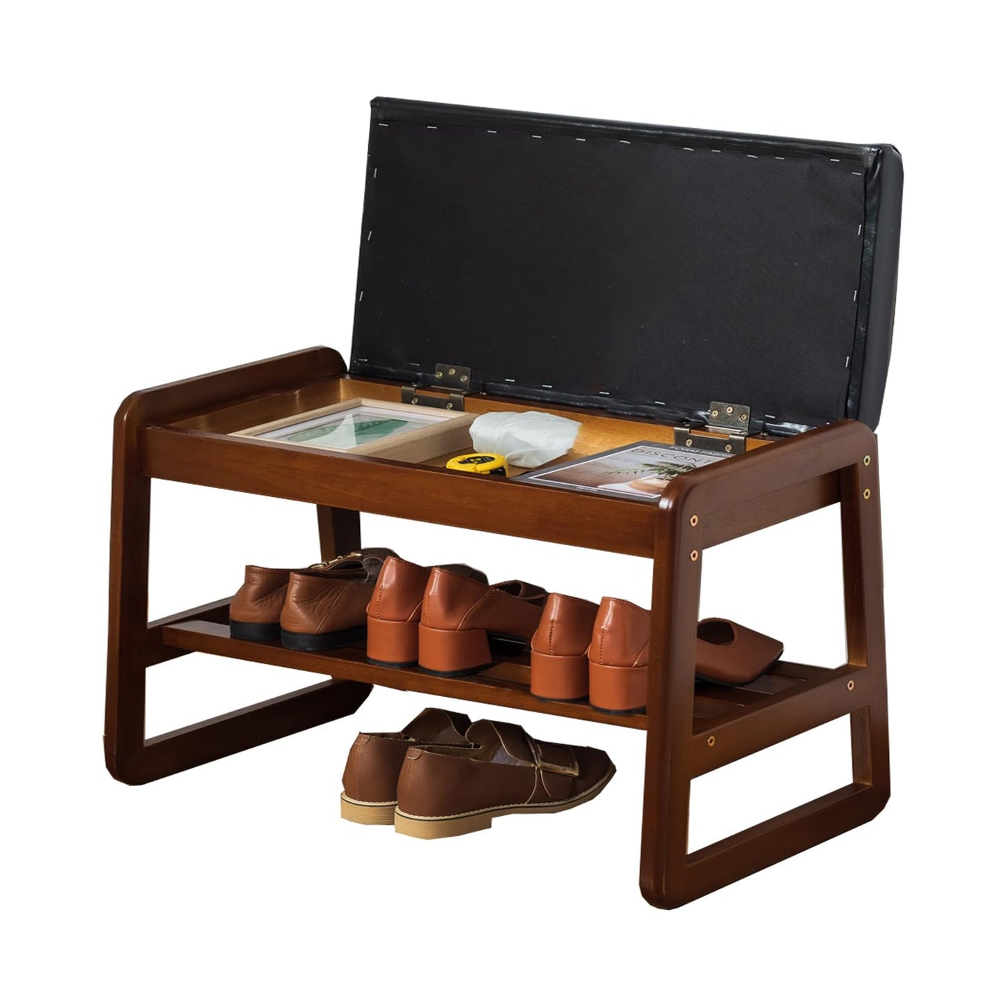 latifolia Solid Wood Bench, Entryway Shoe Bench with Cushion, Flip-Open Storage Compartment, 2-Tier Shoe Organizer(Black,21.65''L)