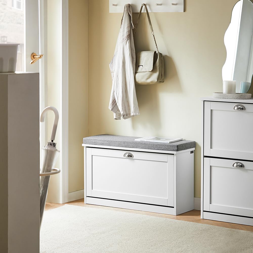 Haotian Small Shoe Cabinet Bench, Modern Shoe Storage Solution with Padded Cushion, 1 Flip Drawer for Narrow Entryway, White FSR195-W