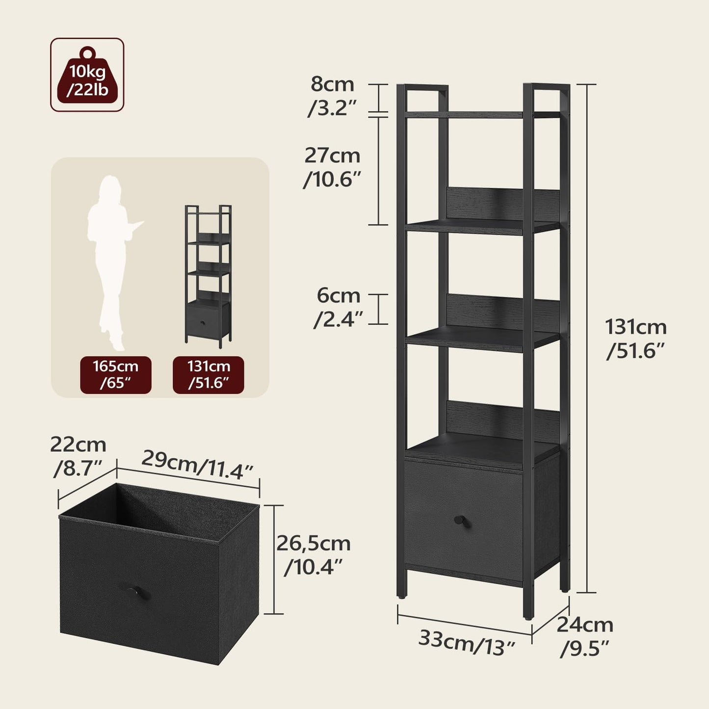 MAHANCRIS Bookshelf, 5-Tier Bookcase with Drawer, Small Book Shelf for Small Space, Storage Shelf Organizer, for Living Room, Bedroom, Study, Kitchen, Black BKHB55101