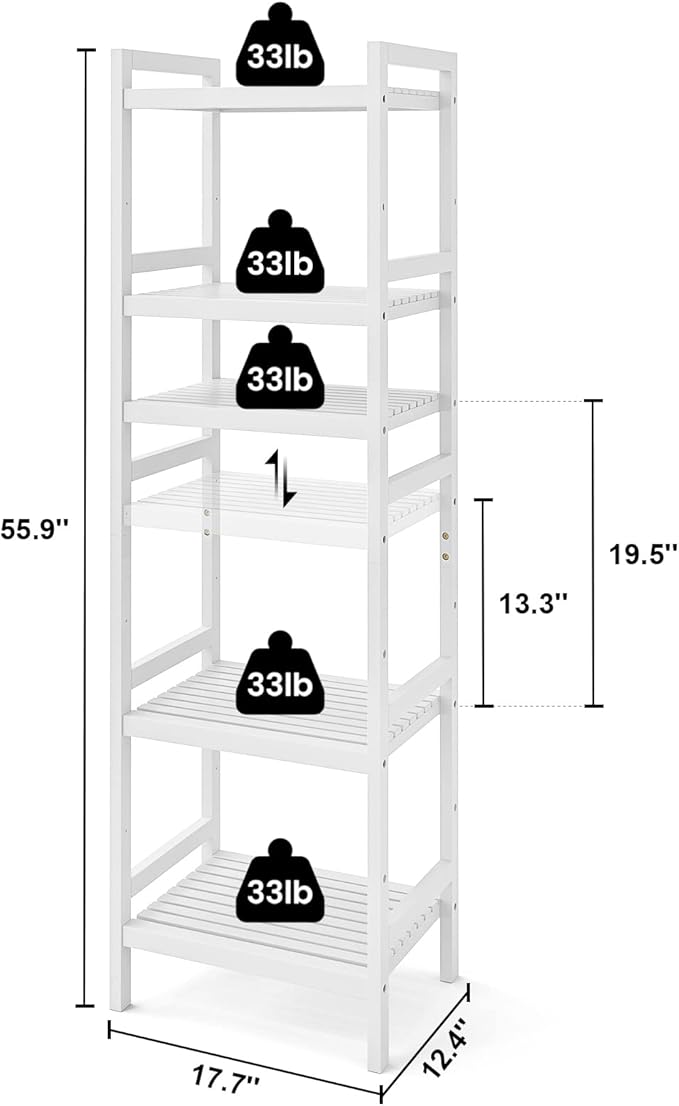 Homykic Bamboo Bookshelf, 5-Tier Narrow 55.9” Adjustable Book Shelf Bookcase