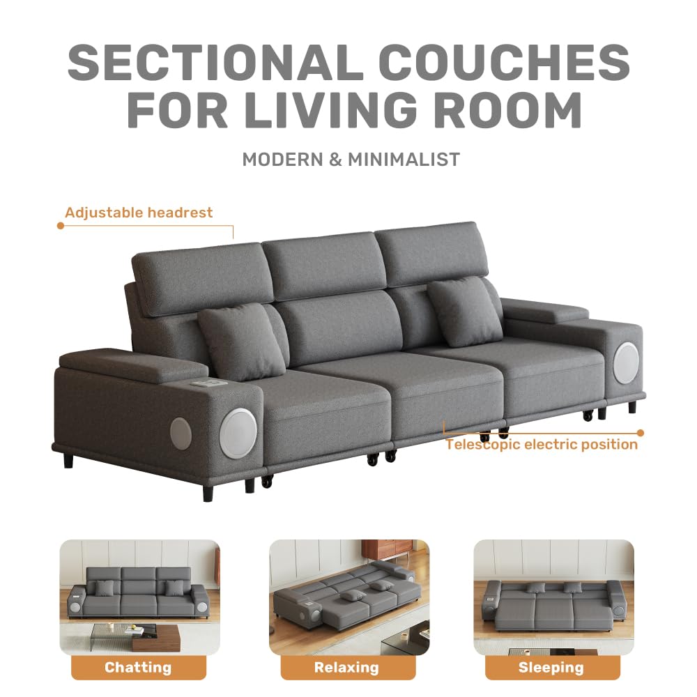 3-Seater Power Recliner Sofa with Remote Control, Bluetooth Speakers & Wireless Charging, Electric Reclining Sectional Couch with 2 Storage Boxes, USB Ports, for Living Room