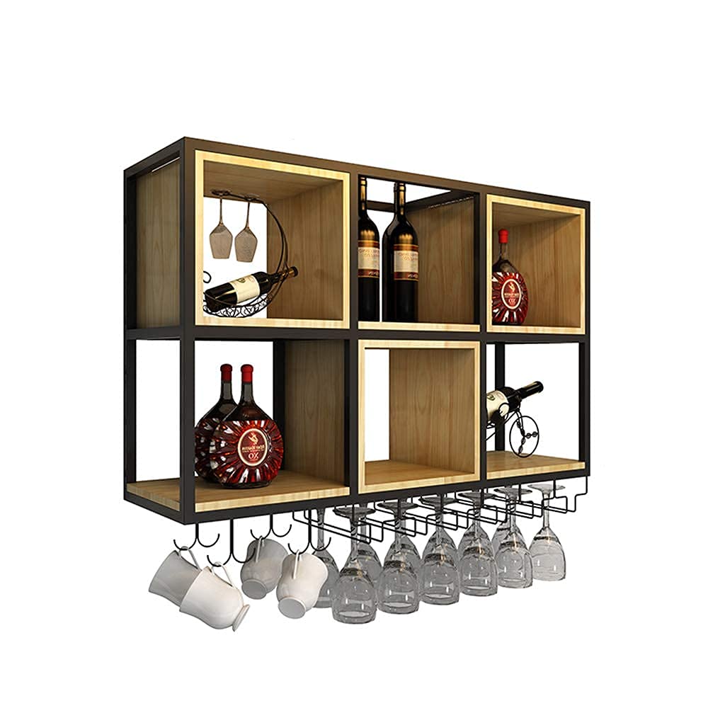 SBTXHJWCGLD Wall Mounted Wine Rack and Glass Holder, Iron Solid Wood Wine Storage Display Shelf, for Homes, Bars, Cafes, Hotels, Offices, and Various High-End Clubs (35.4X11.8X25.6 Inch)