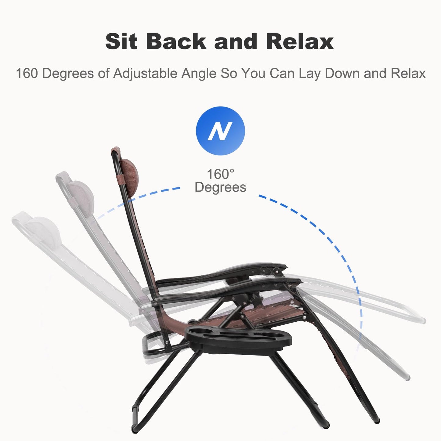 Nazhura Set of 2 Relaxing Recliners Patio Chairs Adjustable Steel Mesh Zero Gravity Lounge Chair Beach Chairs with Pillow and Cup Holder Khaki (Brown)
