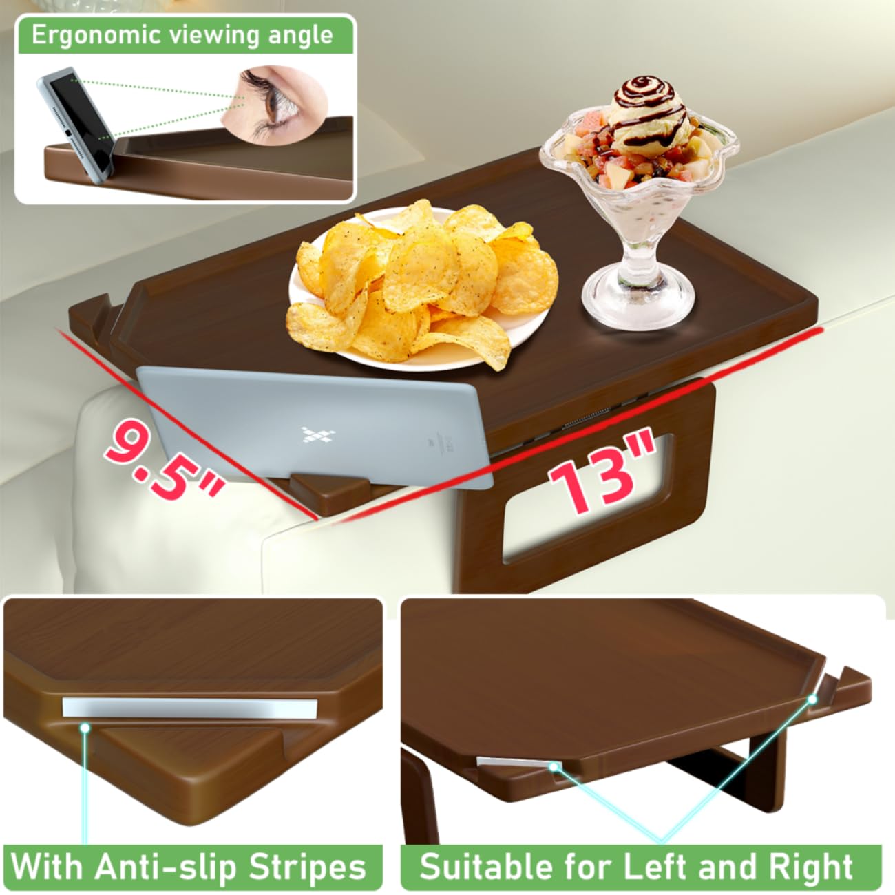 Smatdecis Couch Arm Tray Table Sofa Arm Clip, Armrest Tray Table Suitable for Home Drinks/Fast Food/Fruit Etc, Large Size Multi-Function Brown(Dual Phone/Tablet Holder)