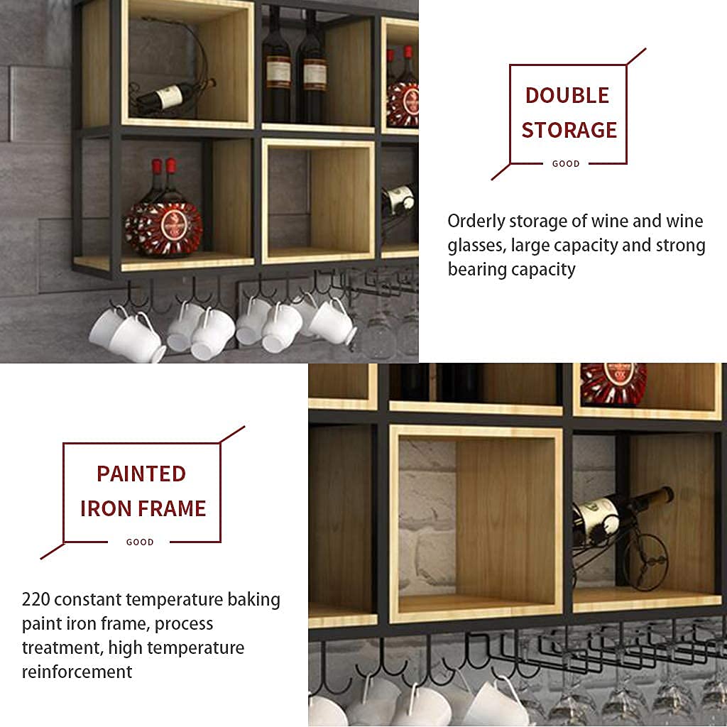 SBTXHJWCGLD Wall Mounted Wine Rack and Glass Holder, Iron Solid Wood Wine Storage Display Shelf, for Homes, Bars, Cafes, Hotels, Offices, and Various High-End Clubs (35.4X11.8X25.6 Inch)