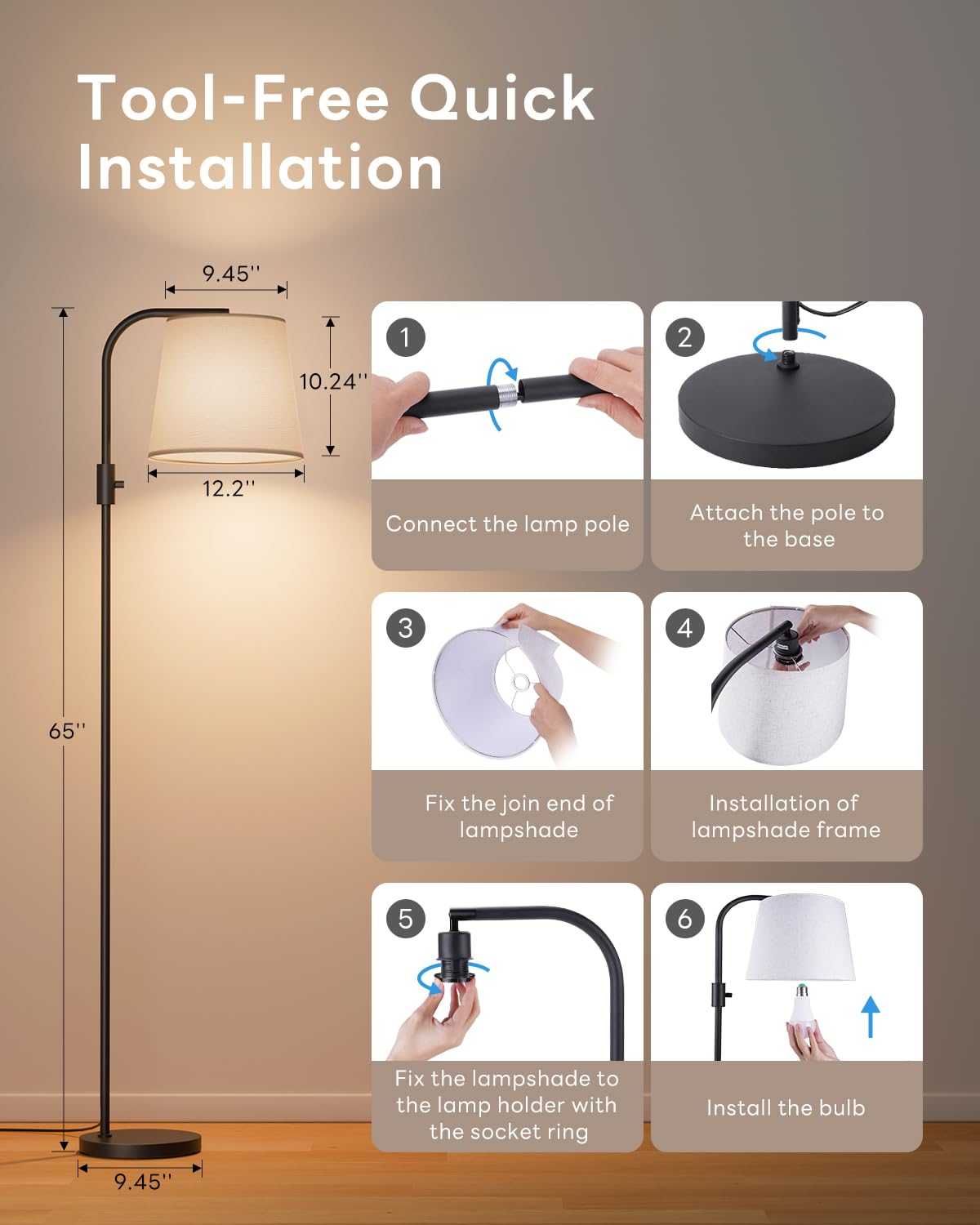 VARICART Smart Arc Floor Lamp, 65" Compatible with Alexa & App Control, RGB Color-Changing & 2700K-6000K, 1%-100% Dimmable, Music Sync, 1200lm, 350° Swivel Woven Linen Shade, No Registration Required