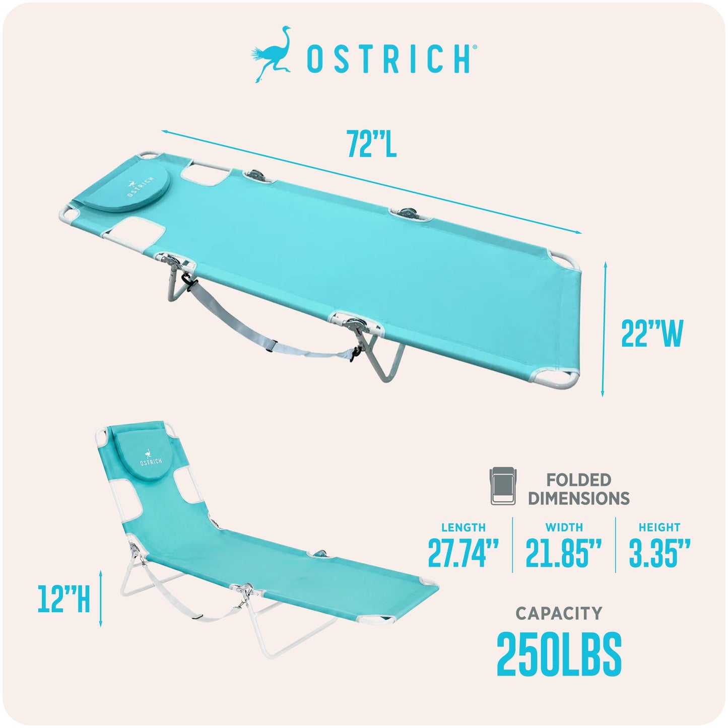 Ostrich the Original Chaise 72 x 22 Inch Lounge Portable Reclining Lounger, Outdoor Patio, Beach, Lawn, Camping, or Pool Tanning Chair, Aqua