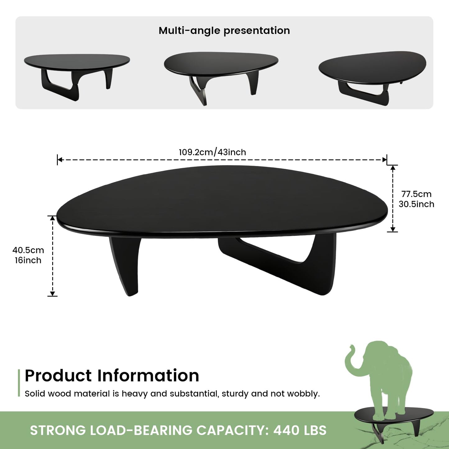 Solid Wood Triangle Coffee Table,Unique Mid Century Modern Oval Coffee Table,Irregular Geometric Tea Tables for Home Living Room with Wooden Tabletop and Reinforced (Black2, 43" L x 31" W x 16" H)
