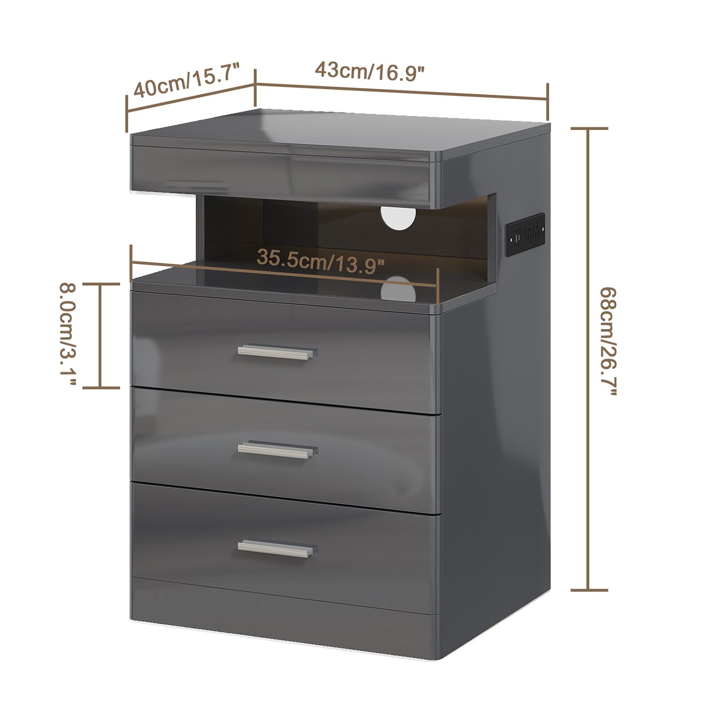 Treocho Led Nightstand with Hidden Space, Modern Night Stand with Charging Station, 3 Drawer Smart Nightstand with Glossy Finish, Tall Bedside Table with RGB Lights for Bedroom, Grey