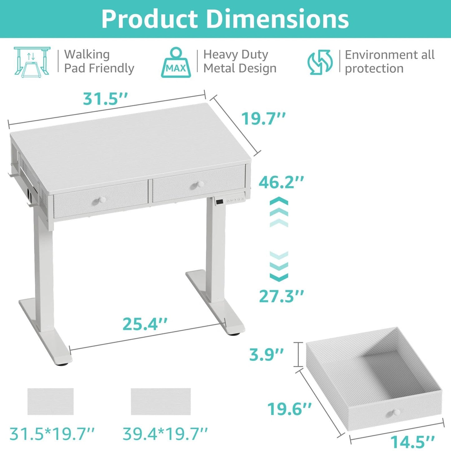 White Electric Standing Desk with Drawers, 32 Inch Small Adjustable Desk with Storage, Stand Up Computer Study Writing Desks for Small Space Home Office Bedroom, Sit Stand Work Desks for Walking Pad