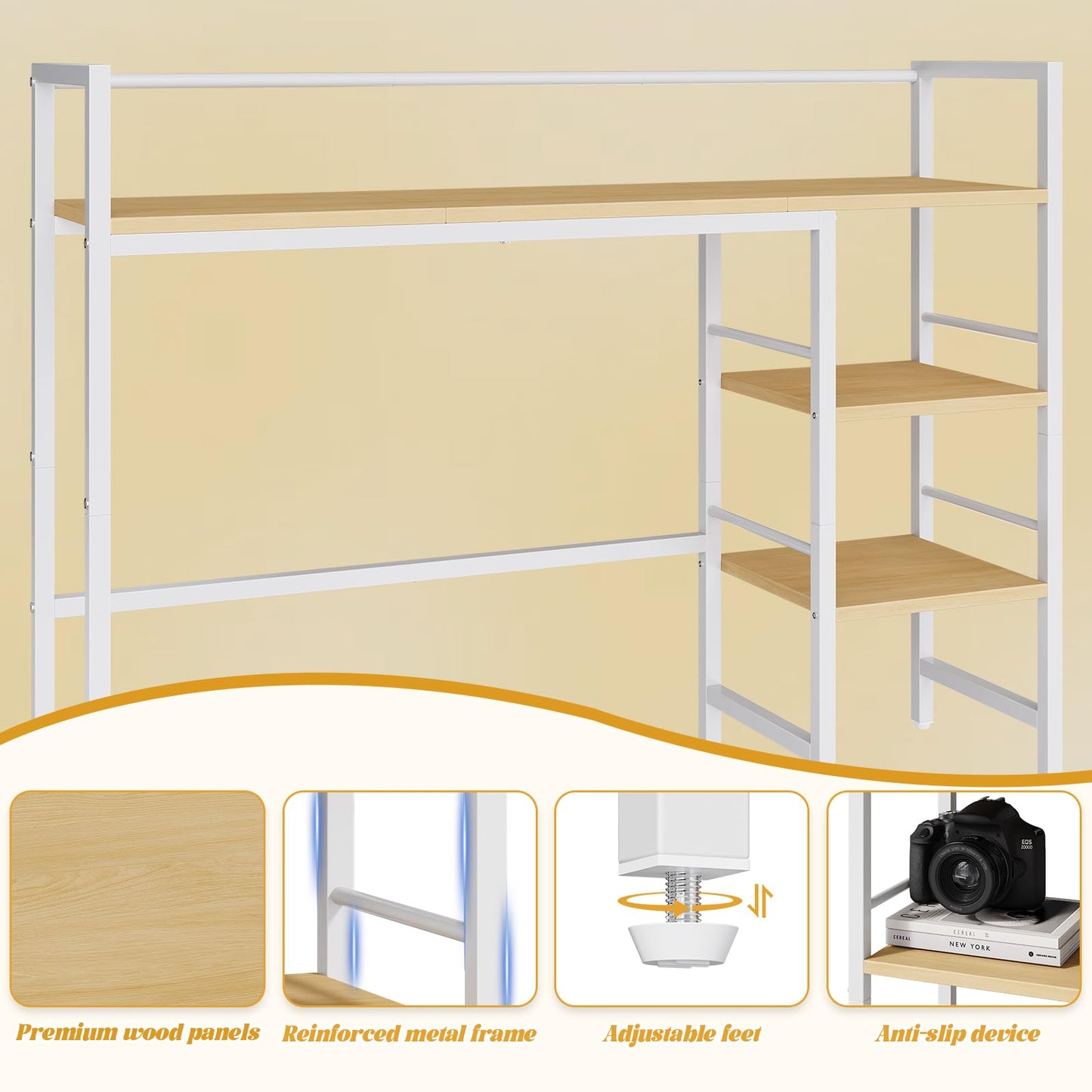 HavenlyYouth Desk Shelf, 38.6 Inch Wood Desk Organizer Shelf for Computer Monitor, Desk Hutch Storage, Desktop Shelf for Top of Desk, 3 Tier Desktop Bookshelf for Home Office Dorm, White