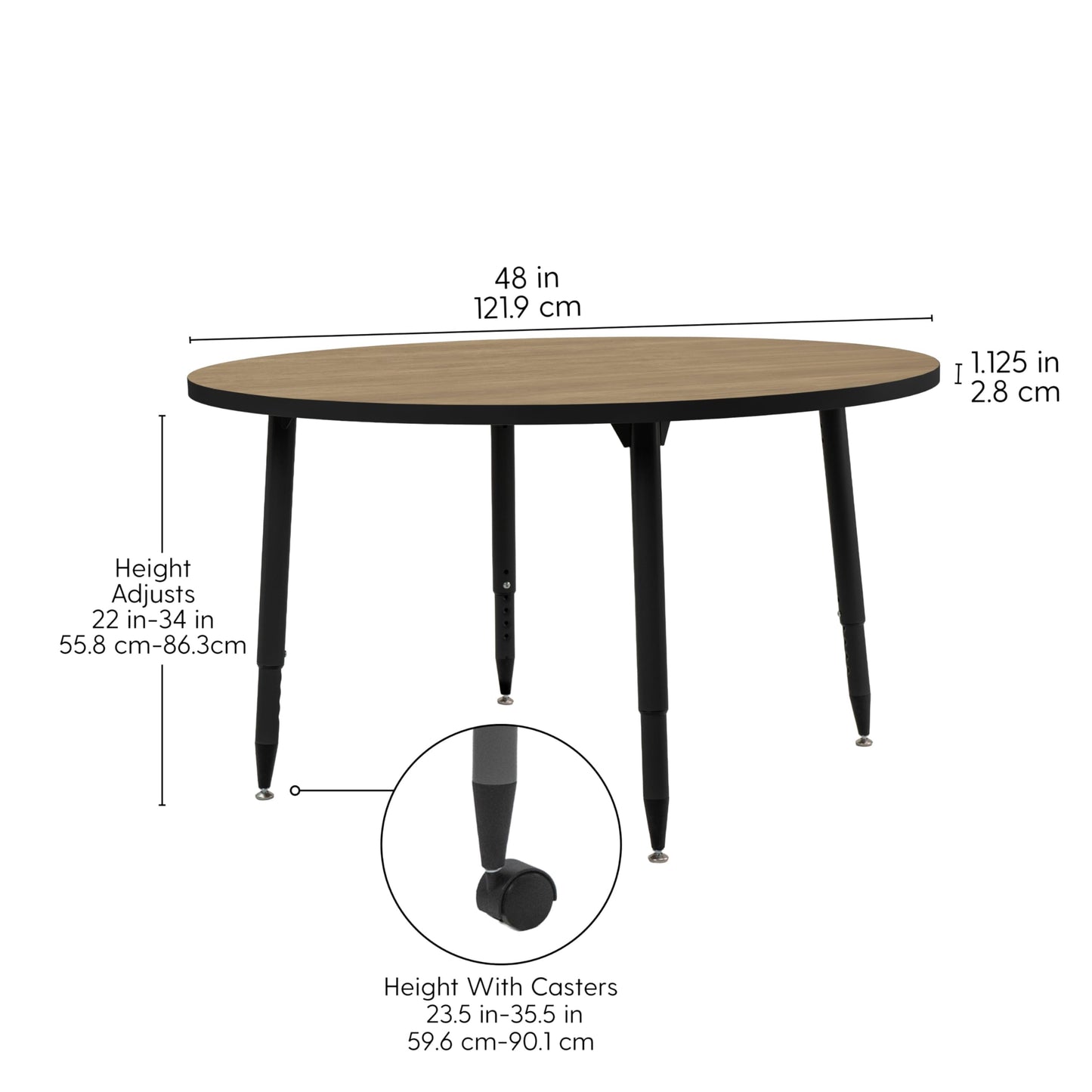 Adapte Commercial Classroom Activity Table - 48" Round, ADA Compliant Tapered Legs with Glides & Casters, Adjustable Height 22-34" Wheelchair Accessible, School & Office Furniture