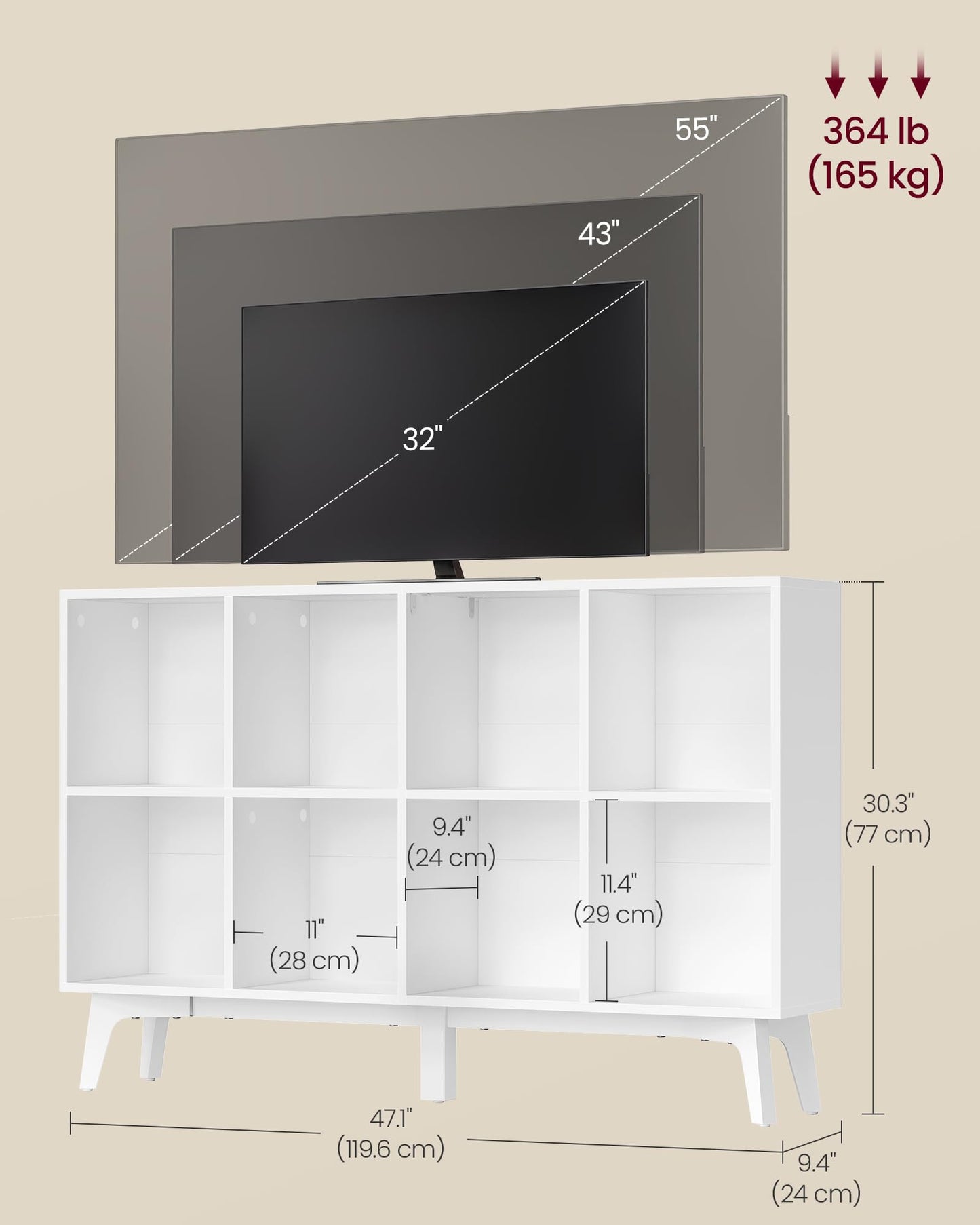 VASAGLE MAEZO Collection - Bookshelf, Bookcase, Cube Shelf with 8 Compartments, Storage Shelf, for Living Room, Home Office, Dining Room, 9.4 x 47.1 x 30.3 Inches, Cloud White ULBC193WB01S