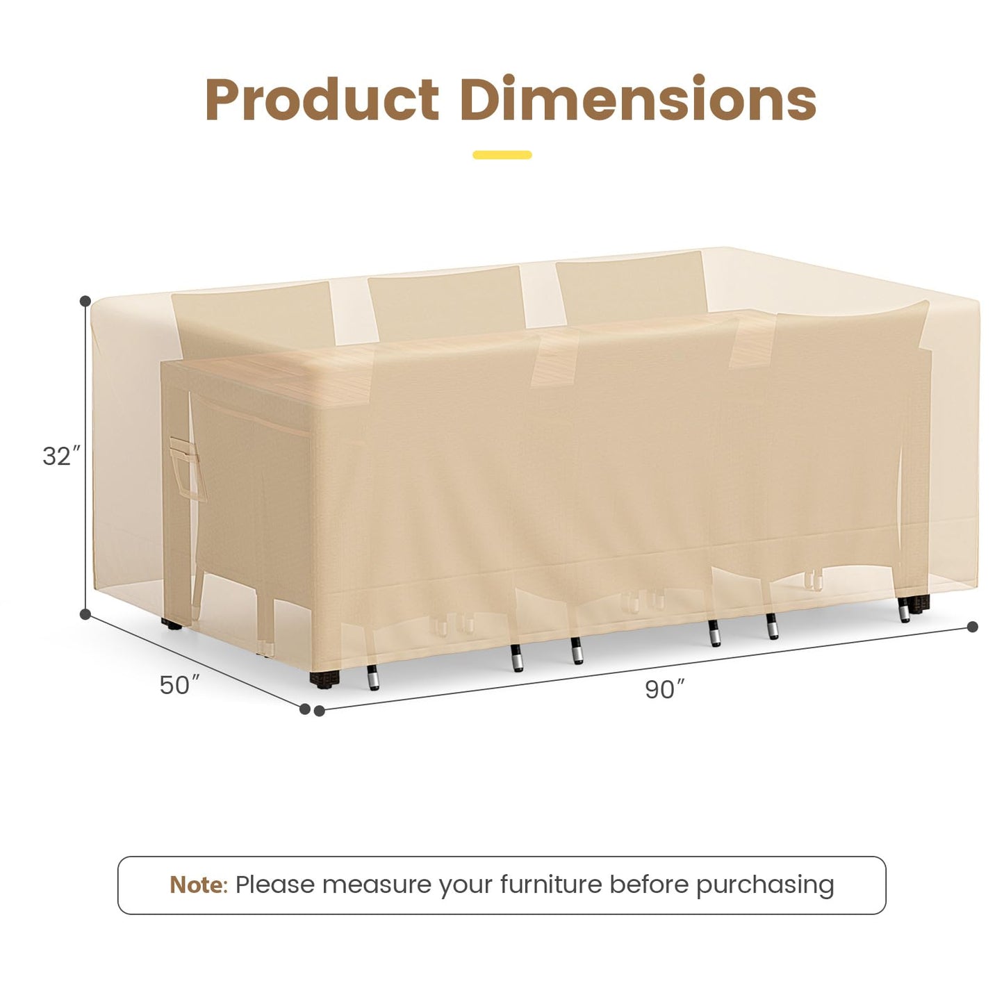 Tangkula Patio Furniture Covers, Outdoor Table Cover Waterproof with Padded Handle & Click-Close Straps, Air Vent, Heavy Duty PU, Rectangle Patio Cover for Outdoor Furniture, 90" W x 50" D x 32" H