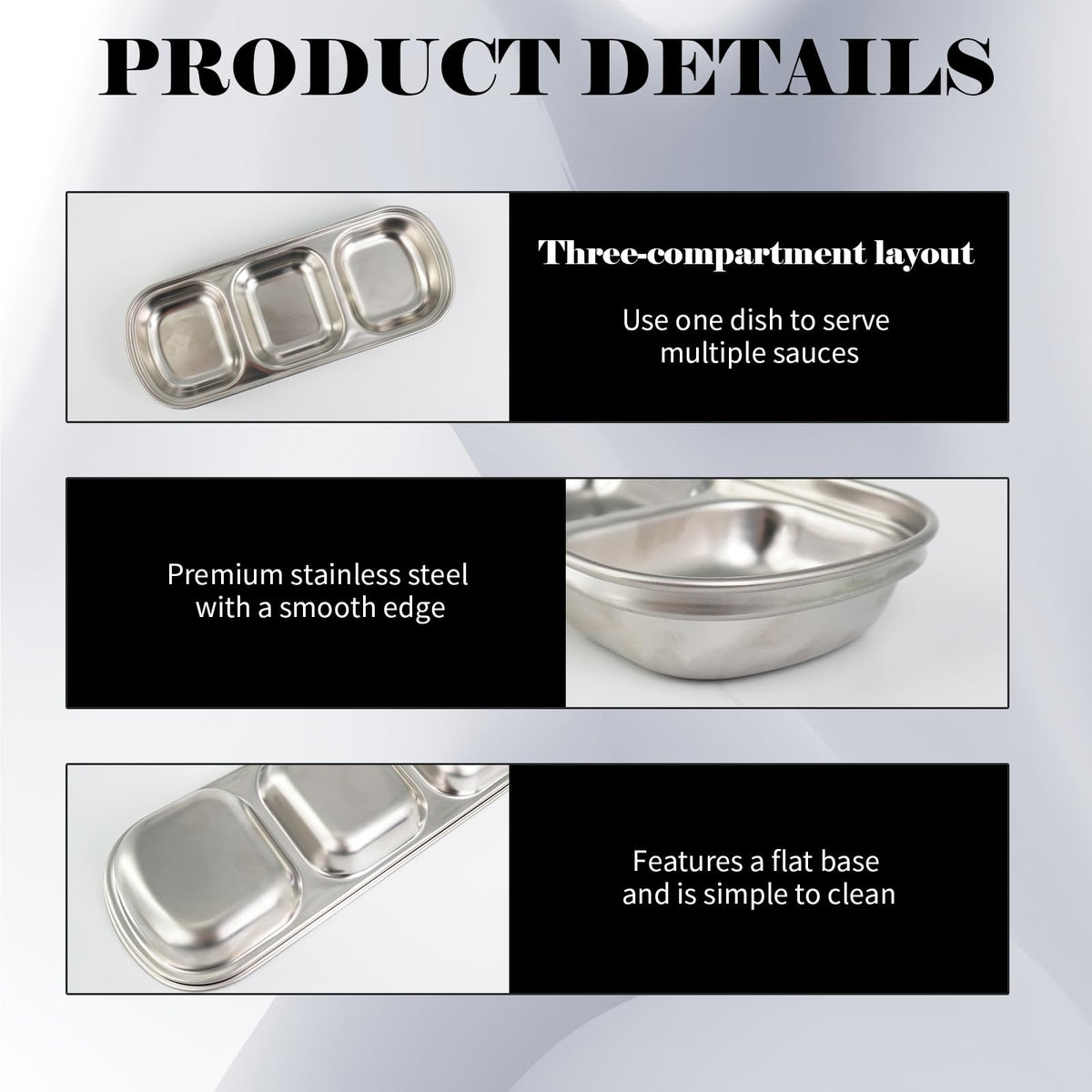 UCEHIPAW 24 Pcs Soy Sauce Dish Stainless Steel Korean 3 Compartment Dip Sauce Bowls Home Tray Divided Seasoning Dipping Condiment Plate for Restaurant Spice Salt Sugar Vinegar BBQ (Silver)