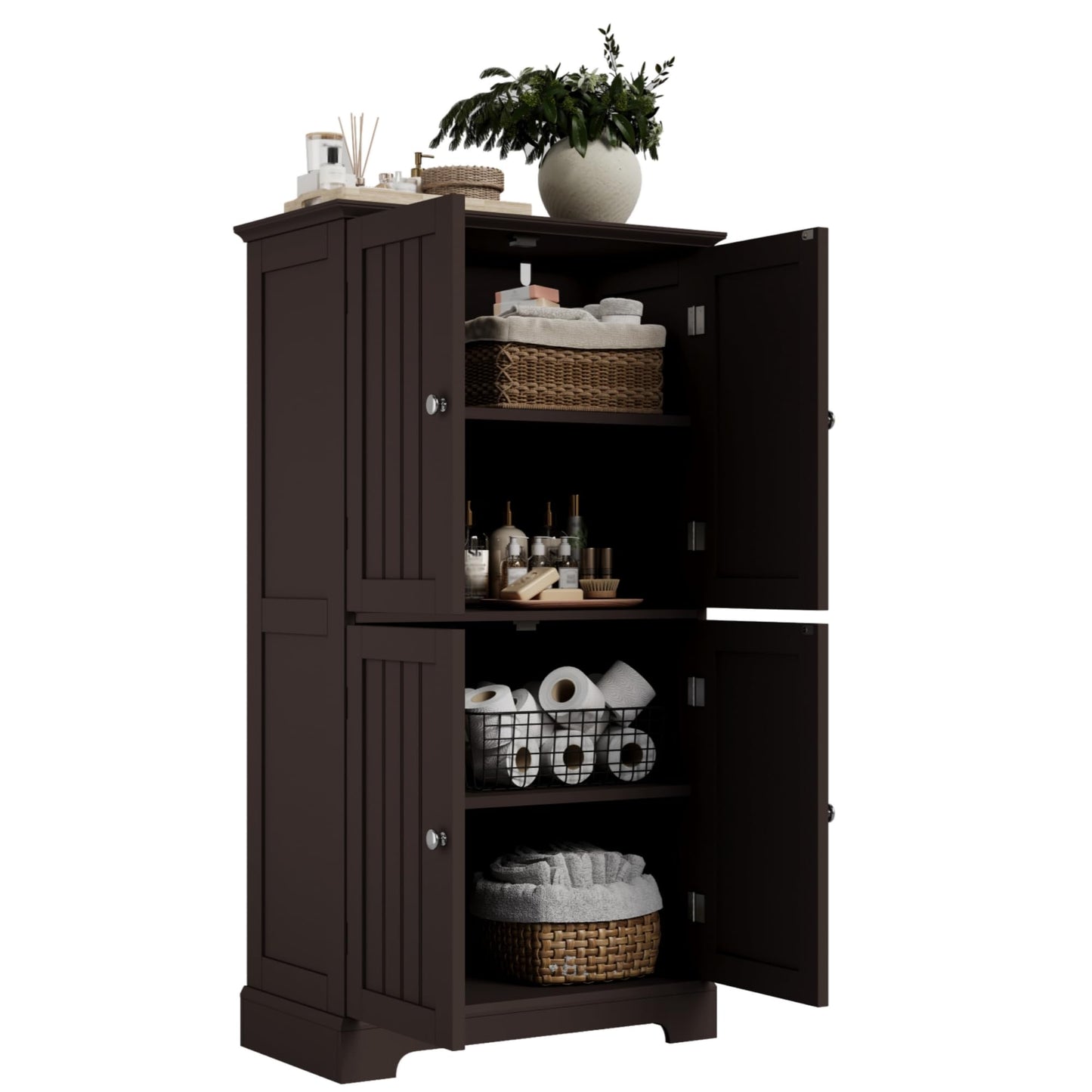 ChooChoo Bathroom Floor Cabinet, Modern Bathroom Storage Cabinet with 4 Doors and Adjustable Shelves, Freestanding Cupboard for Living Room, Espresso