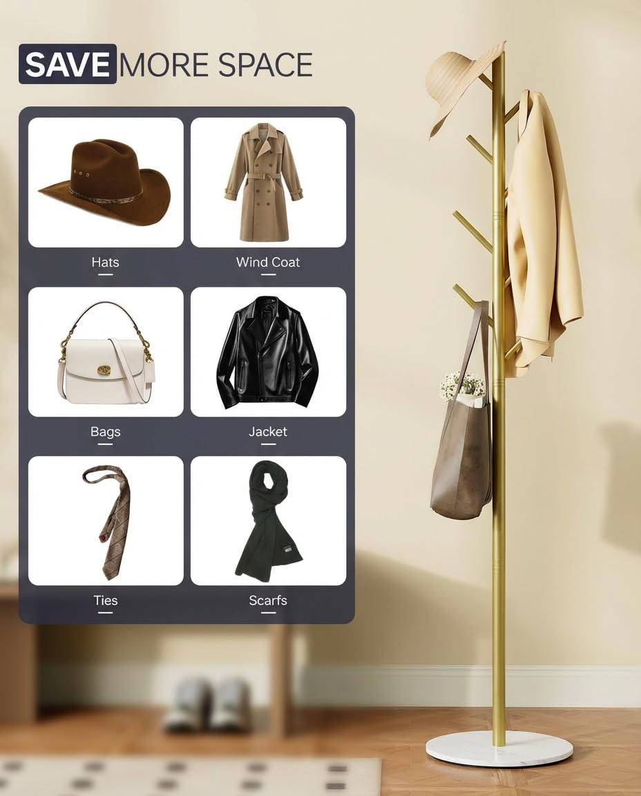 Tujurich Coat Rack with 8 Hooks, 3 Adjustable Heights, Modern Hall Tree, Sturdy Metal Clothes Stand with Sintered Stone Base for Entryway, Office, Bedroom, for Coats, Hats, Handbags and Scarves, Gold
